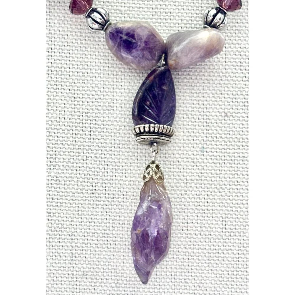 Purple & Pink Gemstone Beaded Necklace With Amethyst Pendant & Adjustable Chain